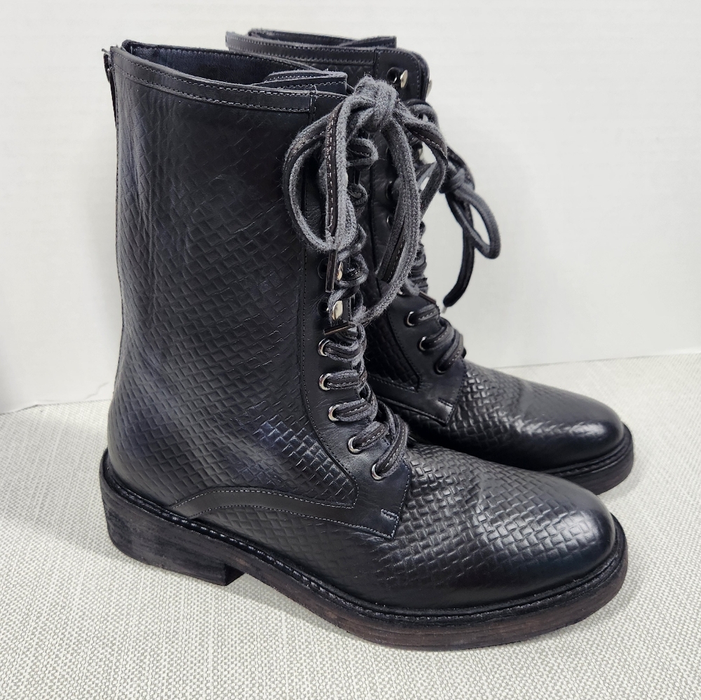 Free People Santa Fe Size 41 Lace Up Black Leather Boots Moto Biker Combat